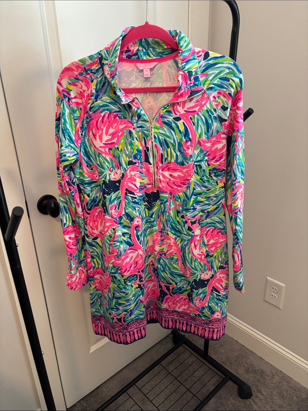 Lilly Pulitzer Pink & Aqua Flamingo Long-Sleeve Skipper Popover Dress